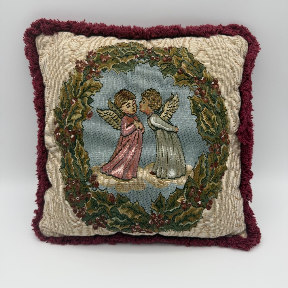 Christmas Angel Tapestry Throw Pillow 13x13 Burgundy Fringe Victorian Holiday